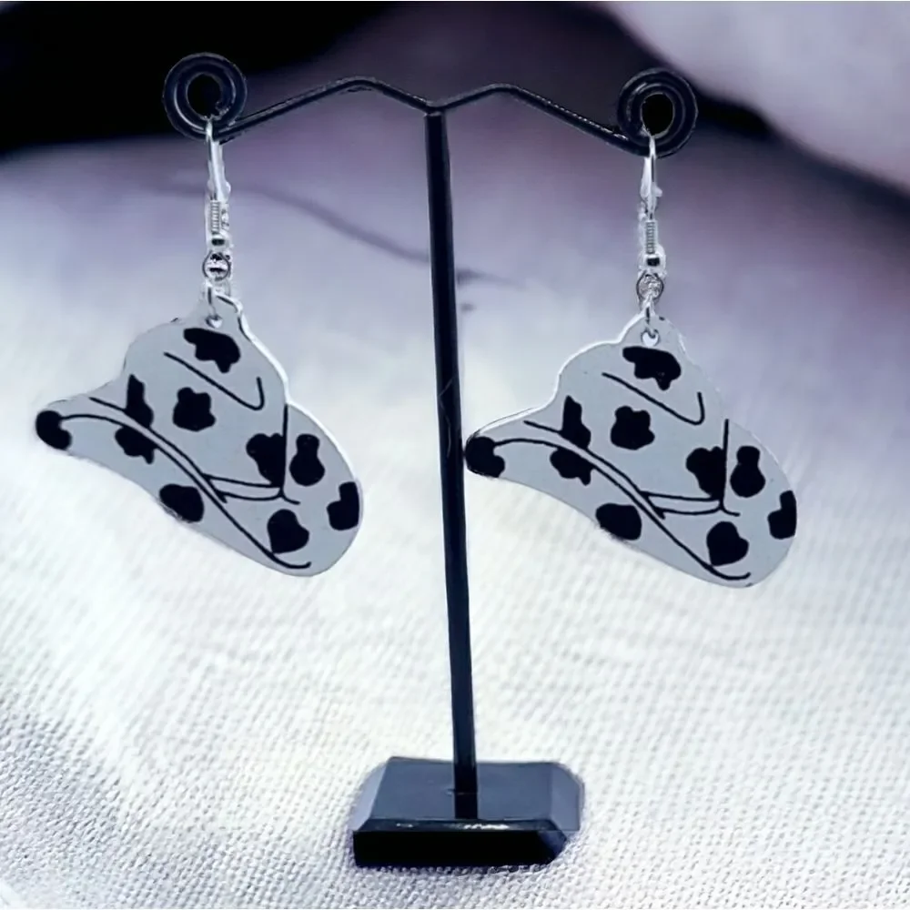 Cow Print Cowboy Hat Wooden Dangle Earrings Cowgirl Western Jewelry Boho 🤠 NWT
